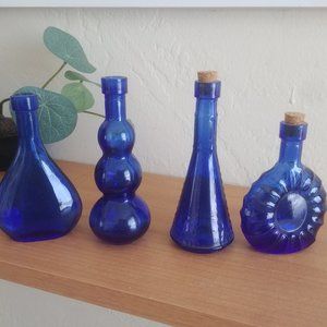 Vtg Cobalt Blue Glass Mini Vase 4” 5” Bowl Globe Sphere Ruffled Rim Set Of 4